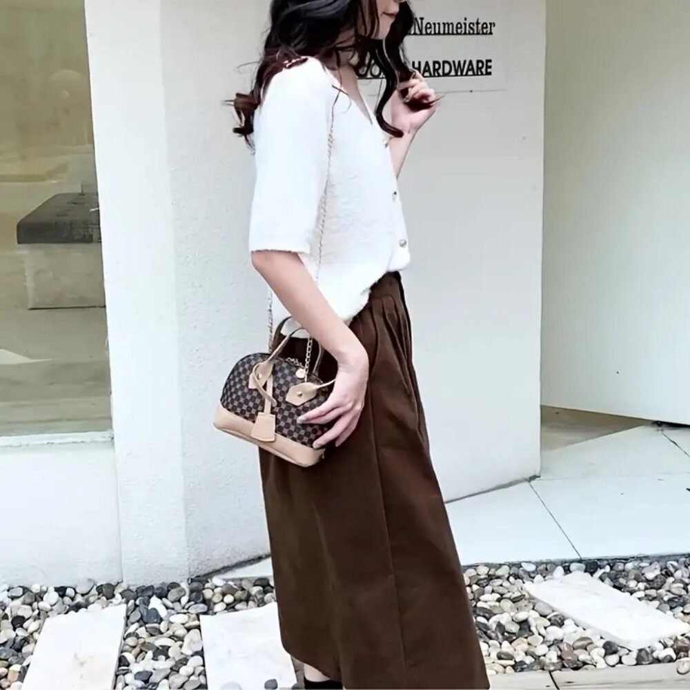 Small Dome Satchel Brown Patterned Bag w/Tone Trim & Gold Crossbody Chain Strap - Picture 3 of 6